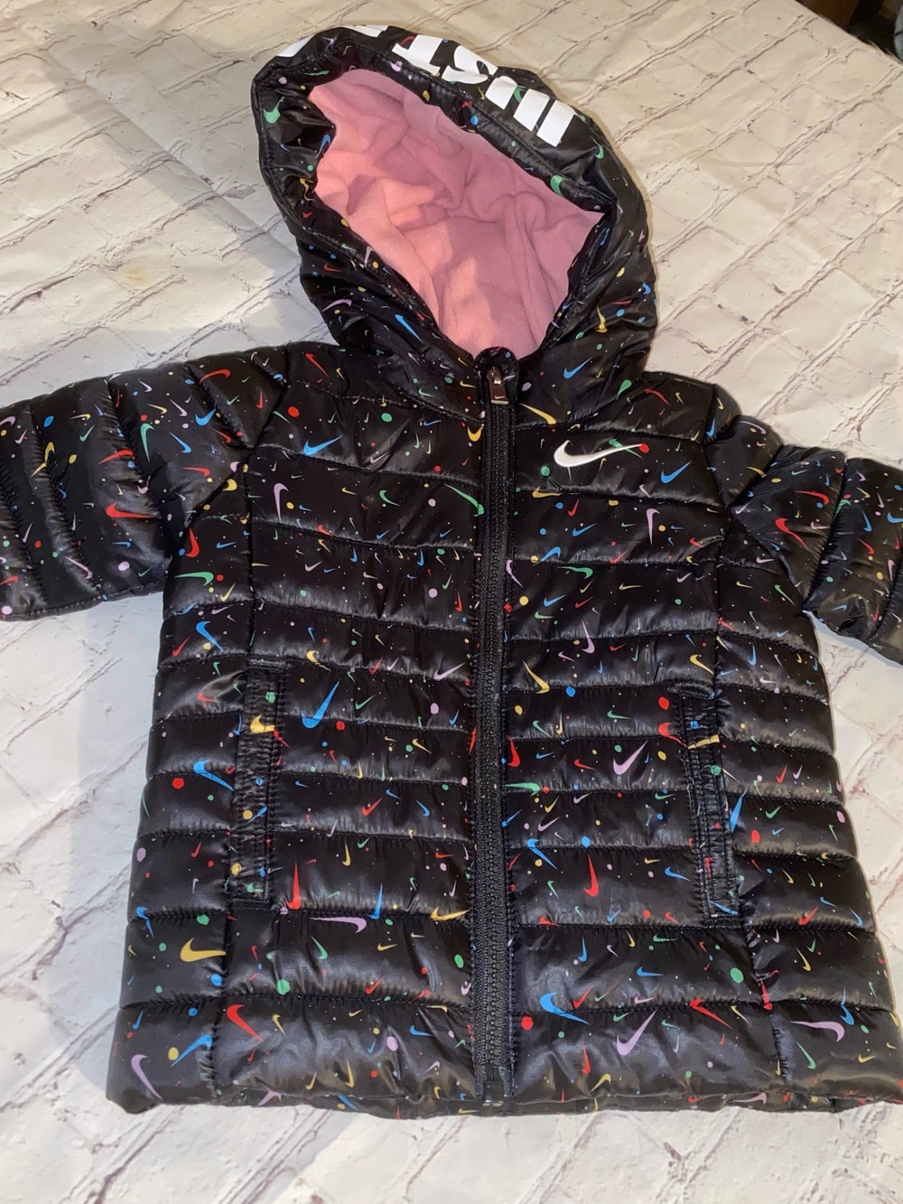 Nike Kids Black  Paint Splatter Puffer Jacket with Pink Lined Hood 12 months